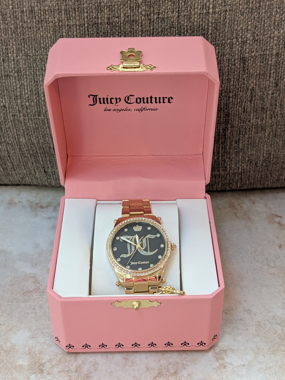 Juicy Couture Women’s Gold-Tone Black Dial Logo Bracelet Watch New
